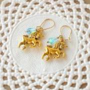 'Magic tears' unicorn earrings fairytale - 'Treasures' collection - aqua blue and gold tones, vintage style