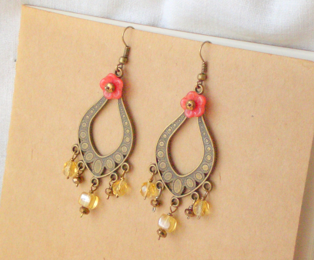 "Gitana" Earrings 'Treasures' Collection, Gypsy Boho Jewelry, Coral