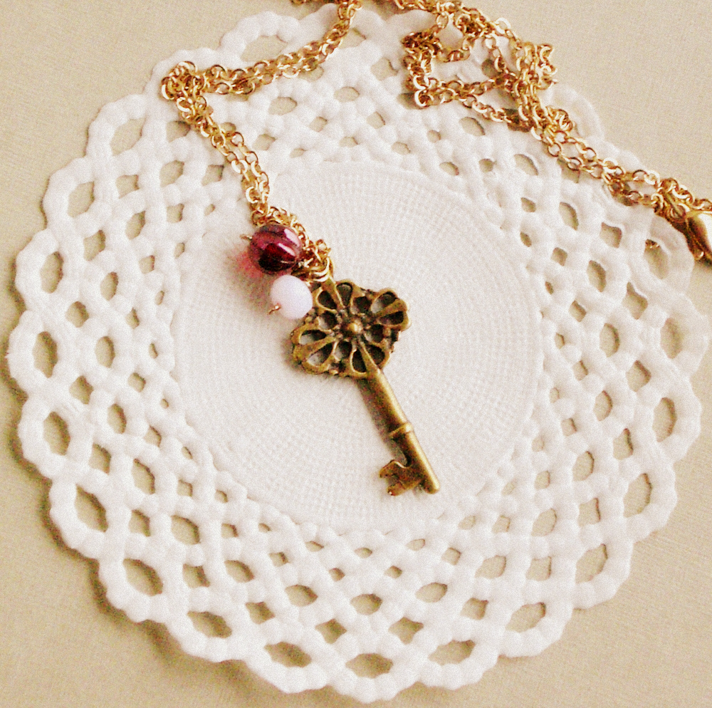 Old Secret necklace - 'Treasures' collection, Key necklace vintage style jewelry, in ruby red and powdery pink