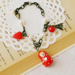 'Baiser sous la Tour Eiffel' matryoshka bracelet, polymer clay, red and white, Valentines day 