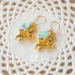 'Magic tears' unicorn earrings fairytale - 'Treasures' collection - aqua blue and gold tones, vintage style