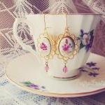 Vintage style earrings "Floralie" - 'Treasures' collection - filigree handpainted glass cabochon, gold filled, white, pink, fuch