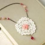 Emma necklace - 'Treasures' collection, lace doily vintage retro style, white and pink