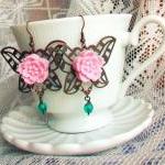 Rosa Silvana, butterfly earrings - 'Treasures' collection, vintage style, pink and teal