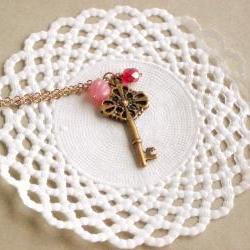 Old Secret necklace - 'Treasures' collection, Key necklace vintage style jewelry, in milky pink and fuchsia