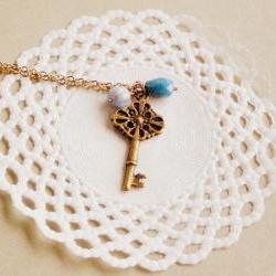 Old Secret necklace - 'Treasures' collection, Key necklace vintage style jewelry, in powder blue
