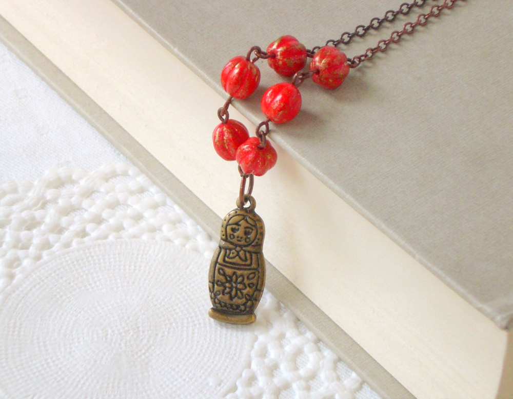 Red Beauty Necklace 'Treasures' Collection, Matryoshka Charm Necklace