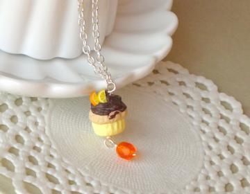 Cupcake necklace for kids, in yellow, brown and orange, polymer clay, girl jewelry