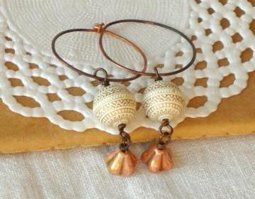 'Astraea' Goddess earrings - 'Treasures' collection - in cream white and gold tones, boho chic