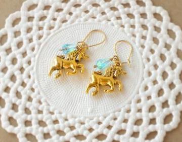 'Magic tears' unicorn earrings fairytale - 'Treasures' collection - aqua blue and gold tones, vintage style