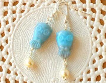 'Wisdom' 01, blue owl earrings - 'Treasures' collection - aqua blue, vintage style jewelry