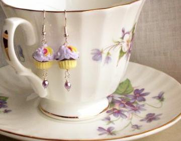 Girl cupcake earrings in lilac and yellow, polymer clay, children kids jewelry
