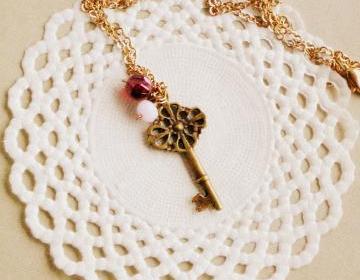 Old Secret necklace - 'Treasures' collection, Key necklace vintage style jewelry, in ruby red and powdery pink