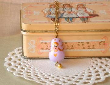  Matryoshka necklace for girls, in lilac and gold, polymer clay babushka, kids jewelry